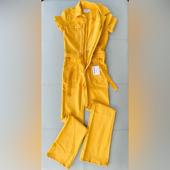 NWT! FRAME Denim Distressed Flare Coveralls Pantsuit Jumpsuit in YELLOW Size XS - Picture 1 of 16